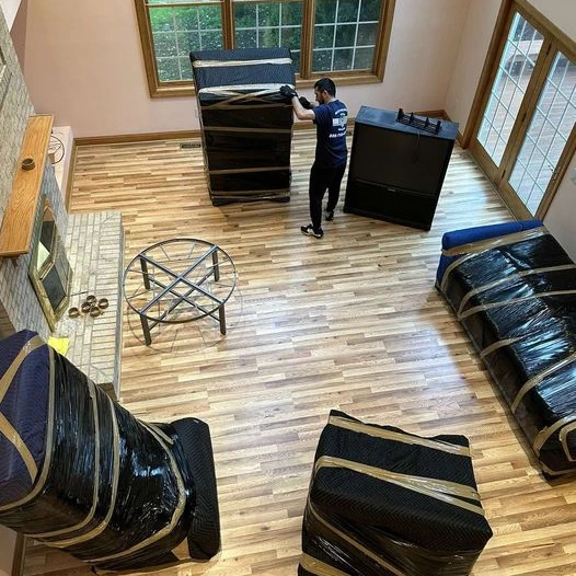 room with packed furniture