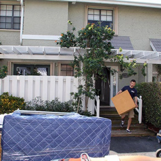 mover carries box out of house